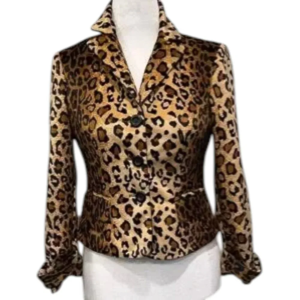 Leopard Print Blazer Petite 6P Brown Tan Velvet Feel Animal Print Chic